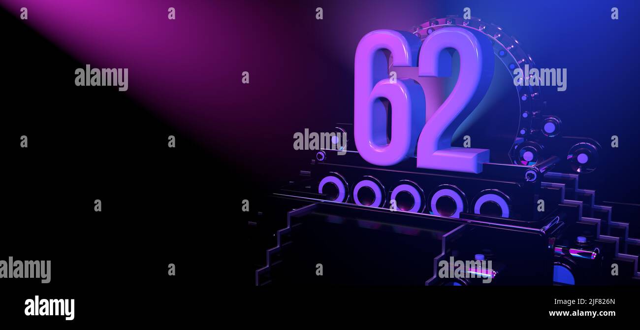 Solid number 62 on a black reflective stage with stairs and