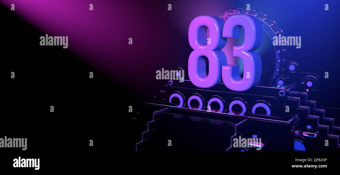 Solid number 83 on a black reflective stage with stairs and adorned with circles, illuminated with blue and red lights against a black background. Wit Stock Photo