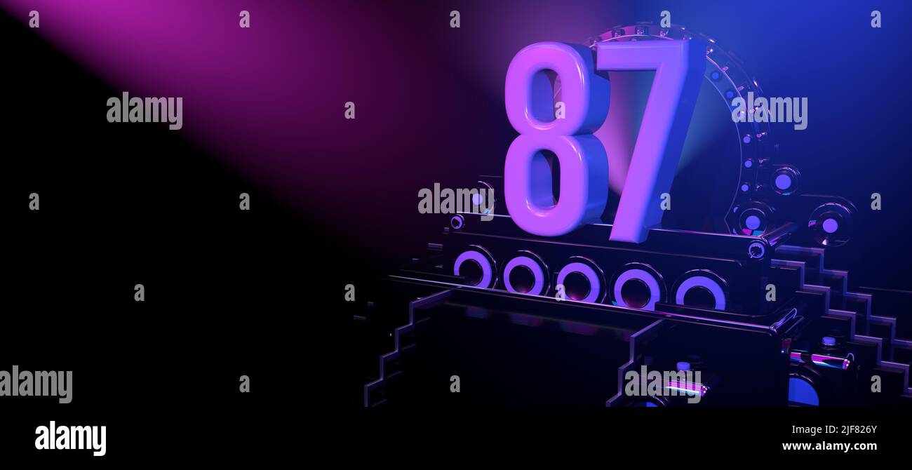 Solid number 87 on a black reflective stage with stairs and adorned with circles, illuminated with blue and red lights against a black background. Wit Stock Photo