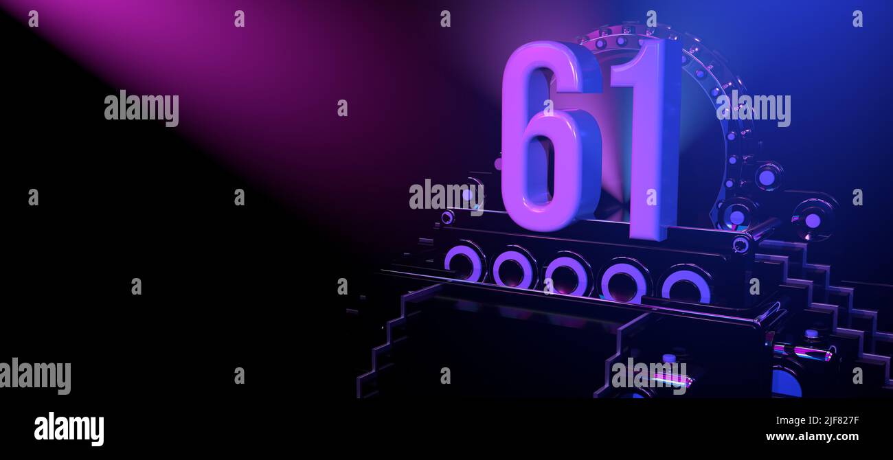 Solid number 61 on a black reflective stage with stairs and adorned with circles, illuminated with blue and red lights against a black background. Wit Stock Photo