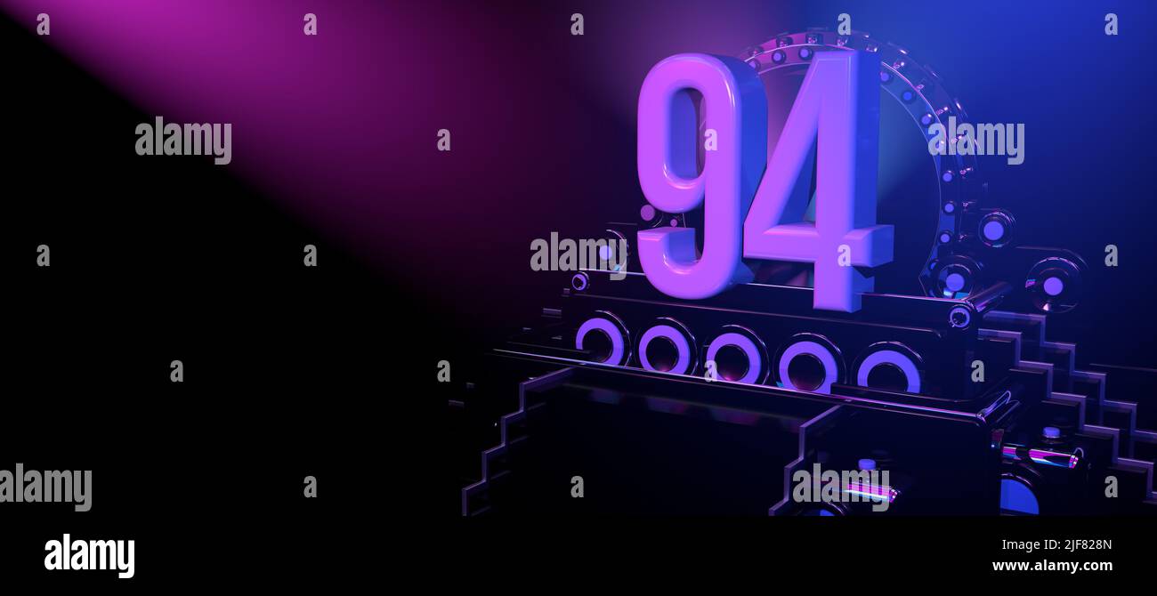 Solid number 94 on a black reflective stage with stairs and adorned with circles, illuminated with blue and red lights against a black background. Wit Stock Photo