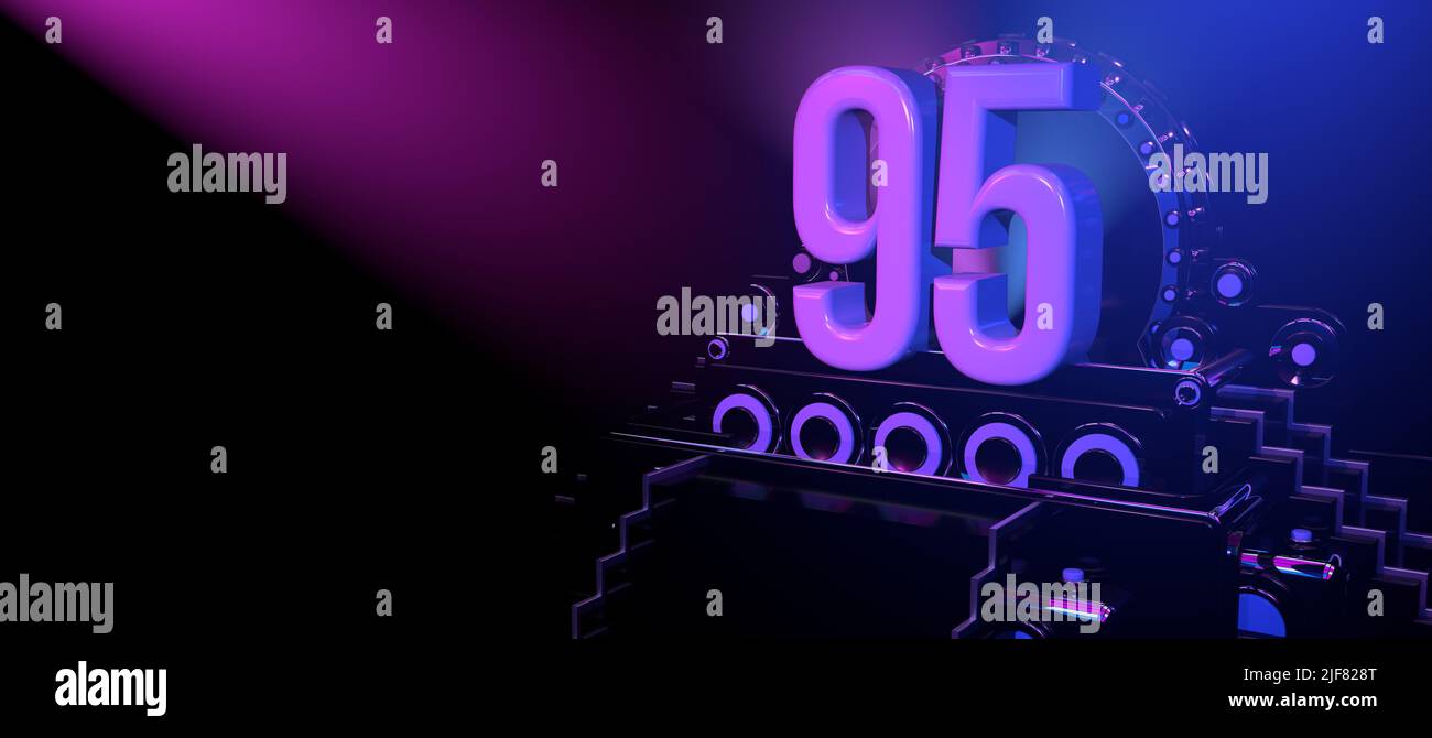 Solid number 95 on a black reflective stage with stairs and adorned with circles, illuminated with blue and red lights against a black background. Wit Stock Photo