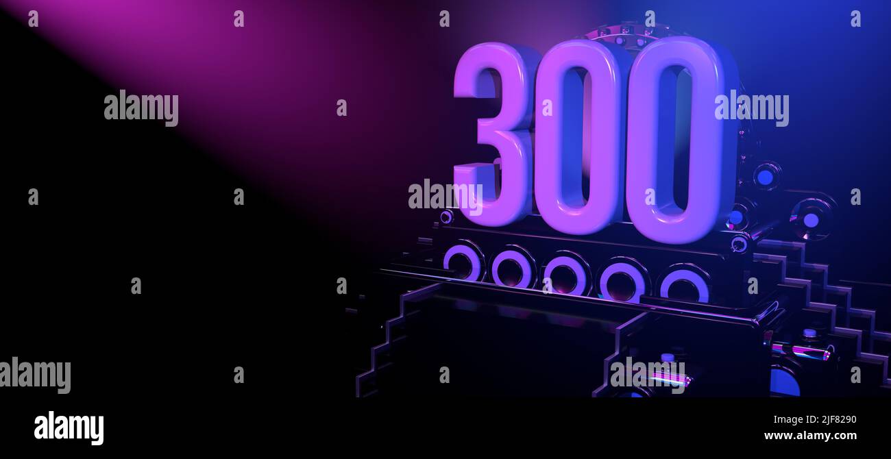 Solid number 300 on a black reflective stage with stairs and adorned with circles, illuminated with blue and red lights against a black background. Wi Stock Photo