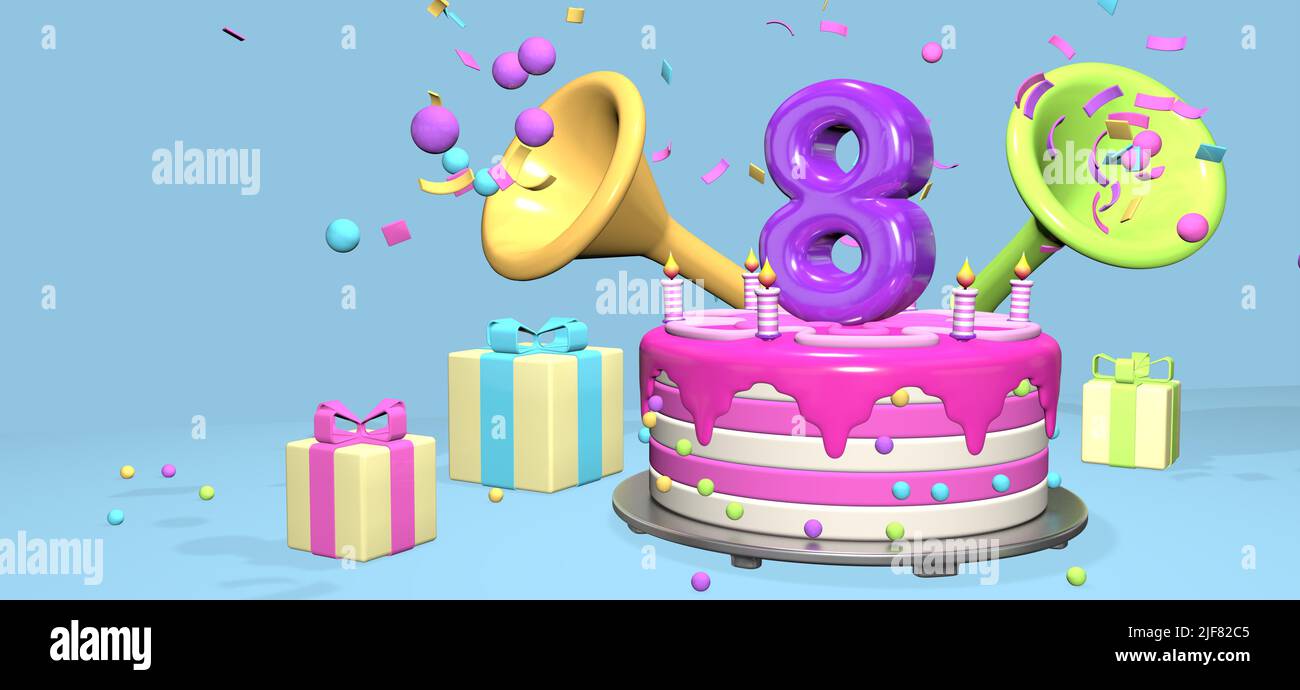 pink-birthday-cake-with-thick-purple-number-8-and-candles-on-metallic