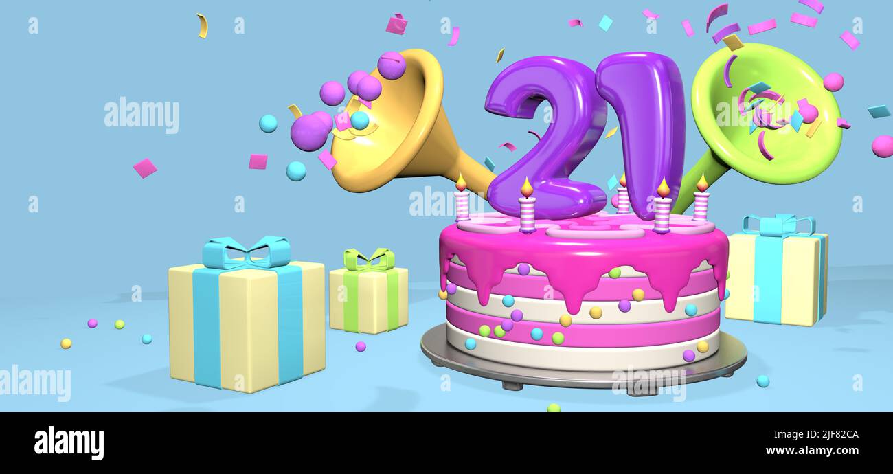Pink birthday cake with thick purple number 21 and candles on metallic plate surrounded by gift boxes with horns ejecting confetti and spheres on past Stock Photo