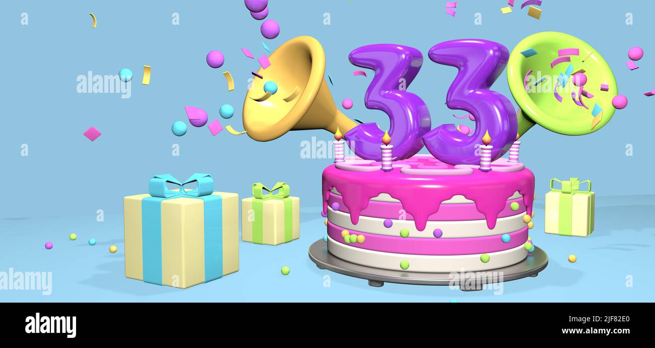 Pink birthday cake with thick purple number 33 and candles on metallic plate surrounded by gift boxes with horns ejecting confetti and spheres on past Stock Photo