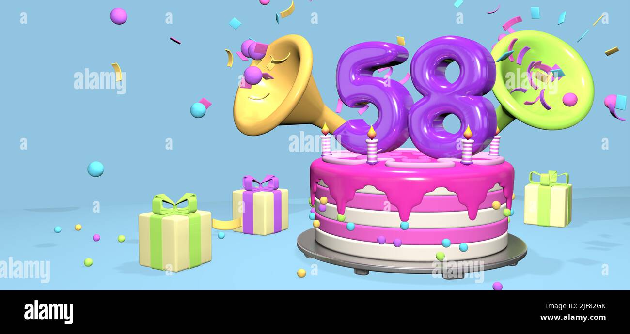 Pink birthday cake with thick purple number 58 and candles on metallic plate surrounded by gift boxes with horns ejecting confetti and spheres on past Stock Photo