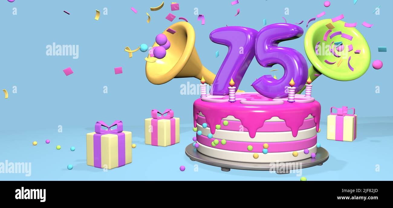 Pink birthday cake with thick purple number 75 and candles on metallic plate surrounded by gift boxes with horns ejecting confetti and spheres on past Stock Photo
