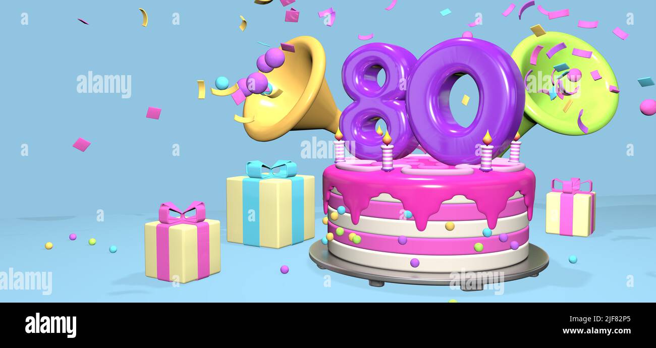 Pink birthday cake with thick purple number 80 and candles on metallic plate surrounded by gift boxes with horns ejecting confetti and spheres on past Stock Photo