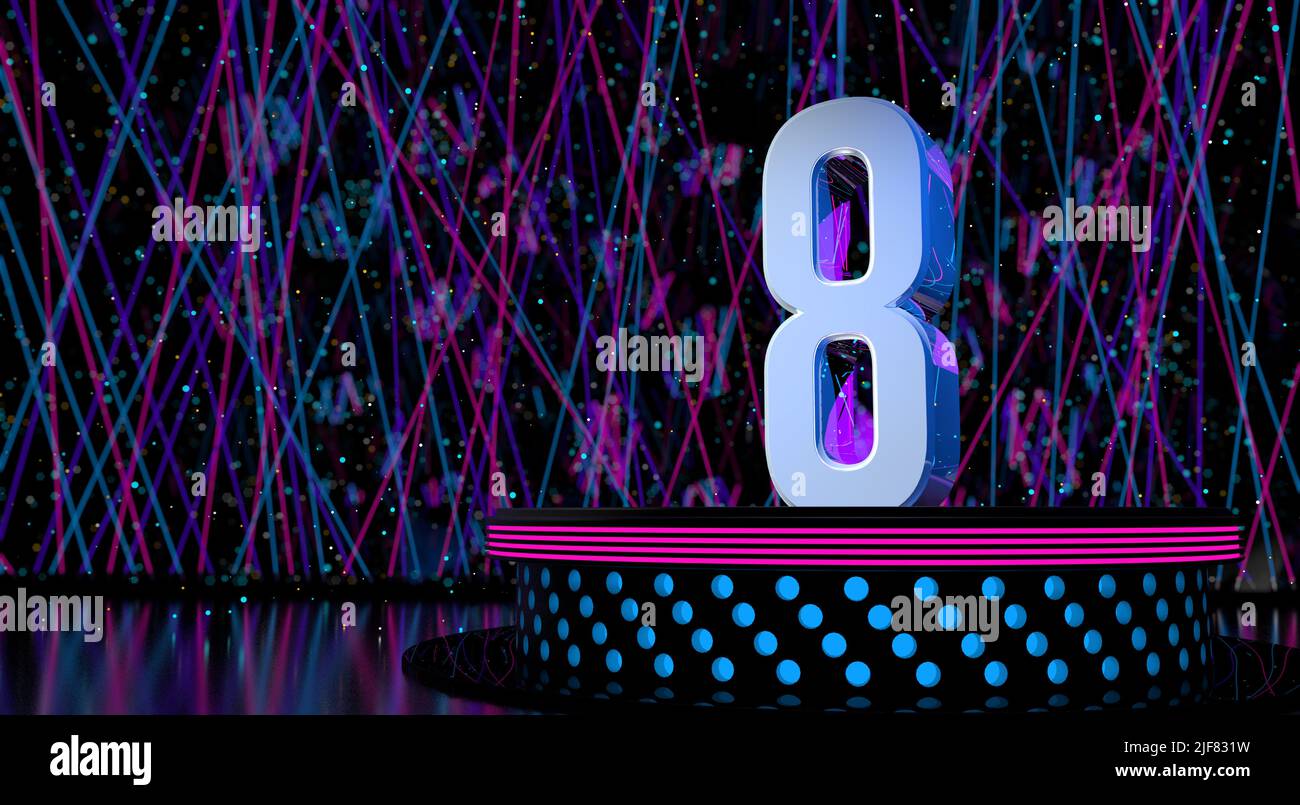 Solid number 8 reflective on a round stage with blue and magenta lights with a defocused background of laser lights and white sparks of celebration an Stock Photo