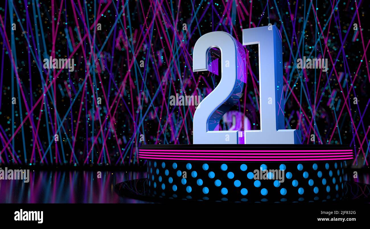 Solid number 21 reflective on a round stage with blue and magenta lights with a defocused background of laser lights and white sparks of celebration a Stock Photo