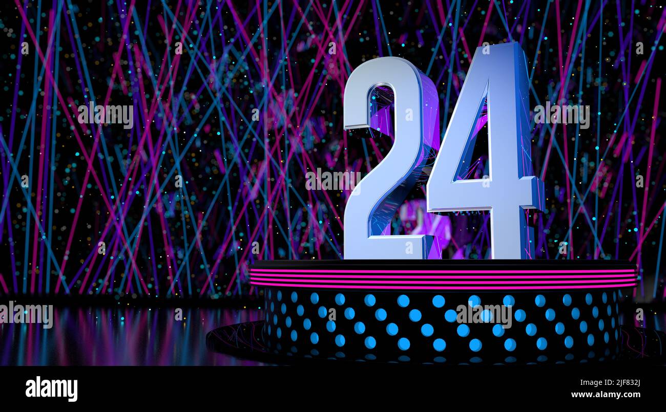 Solid number 24 reflective on a round stage with blue and magenta lights with a defocused background of laser lights and white sparks of celebration a Stock Photo