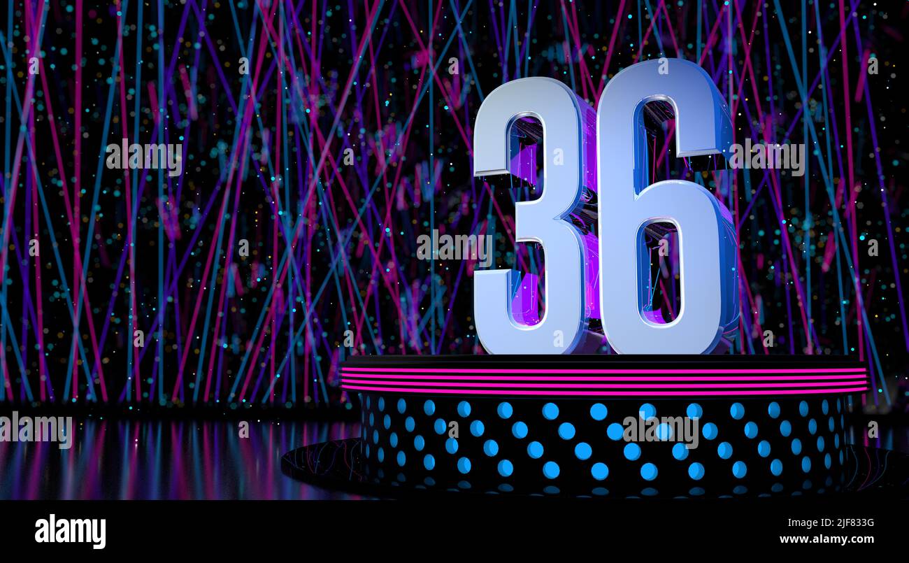 Solid number 36 reflective on a round stage with blue and magenta lights with a defocused background of laser lights and white sparks of celebration a Stock Photo
