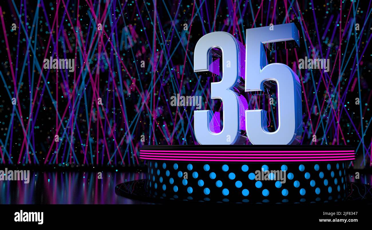 Solid number 35 reflective on a round stage with blue and magenta lights with a defocused background of laser lights and white sparks of celebration a Stock Photo