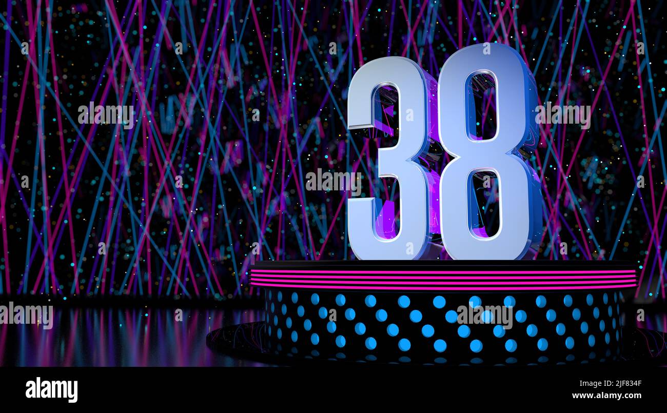 Solid number 38 reflective on a round stage with blue and magenta lights with a defocused background of laser lights and white sparks of celebration a Stock Photo