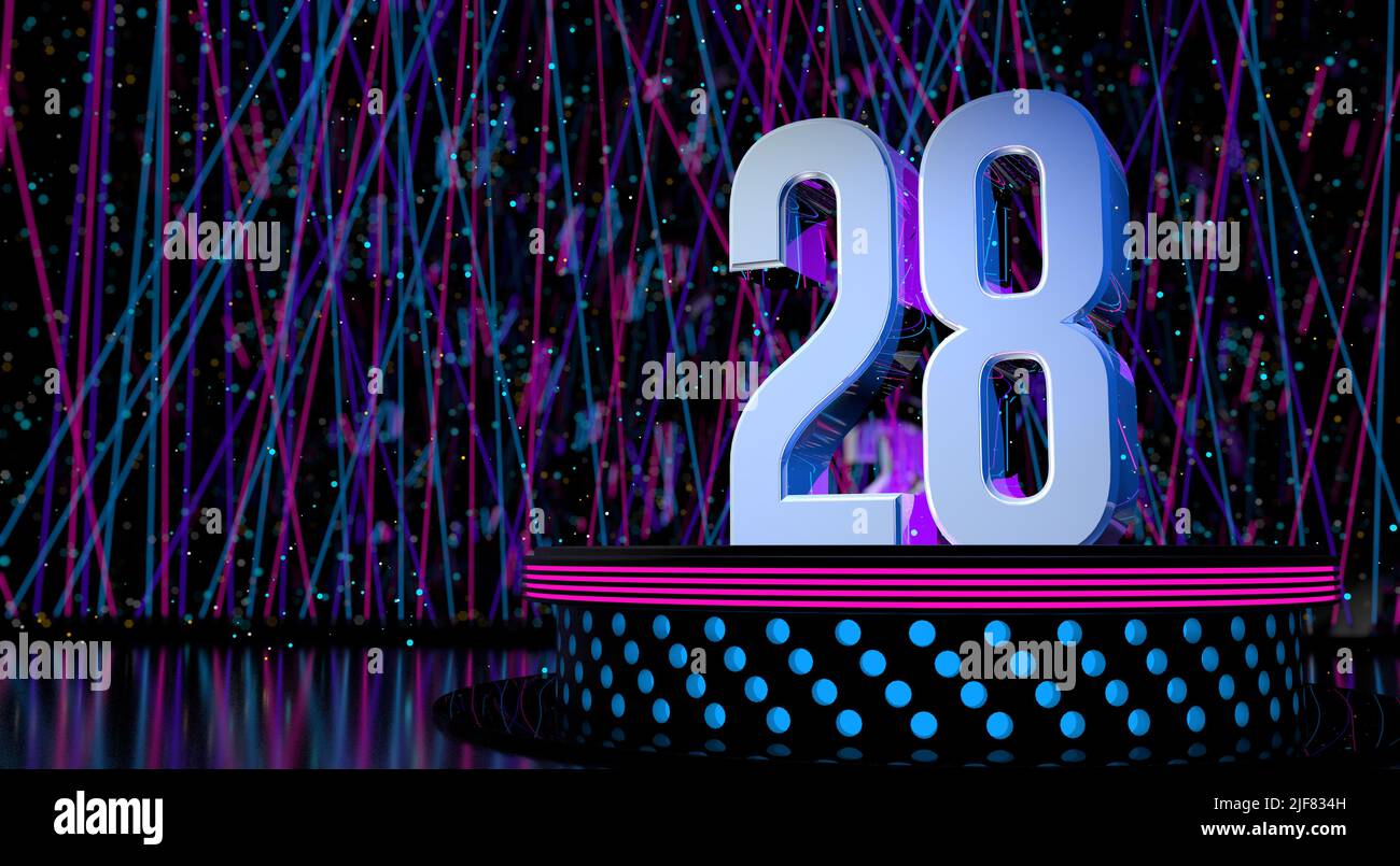 Solid number 28 reflective on a round stage with blue and magenta lights with a defocused background of laser lights and white sparks of celebration a Stock Photo