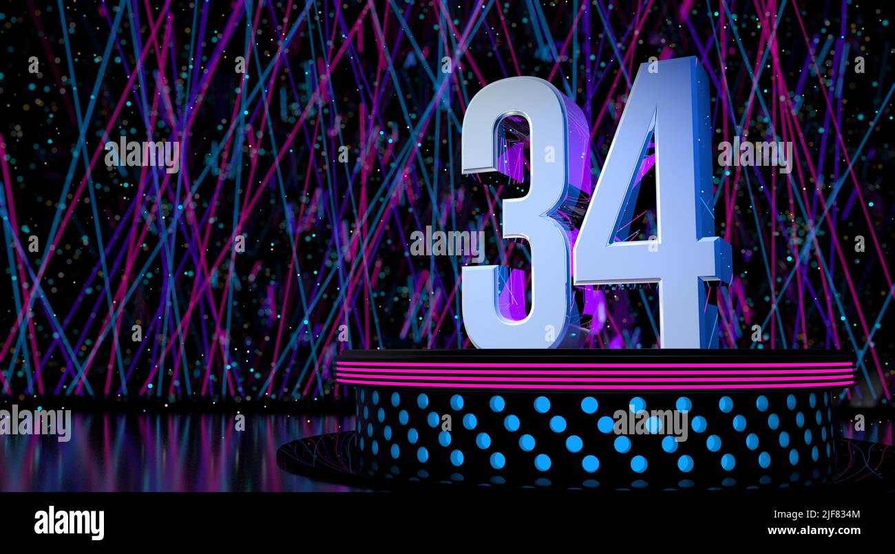 Solid number 34 reflective on a round stage with blue and magenta lights with a defocused background of laser lights and white sparks of celebration a Stock Photo