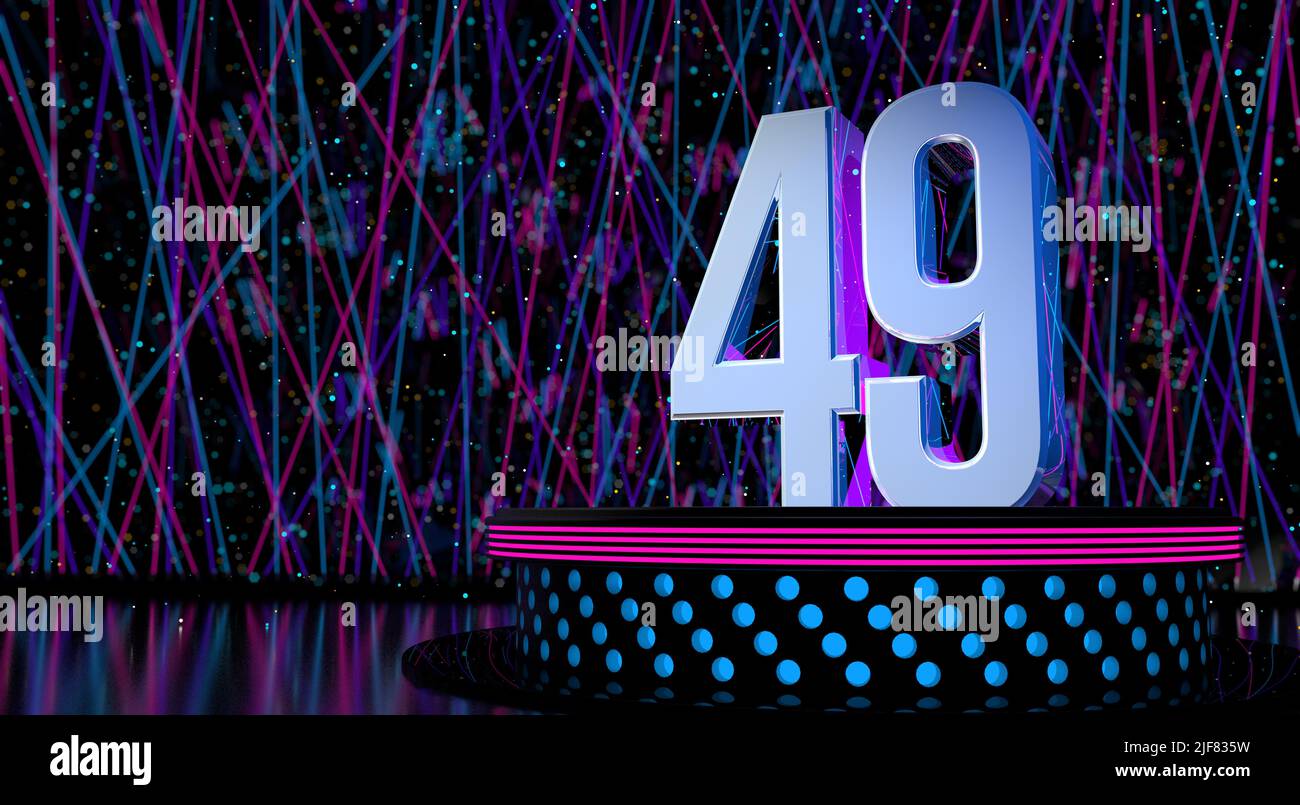 Solid number 49 reflective on a round stage with blue and magenta lights with a defocused background of laser lights and white sparks of celebration a Stock Photo