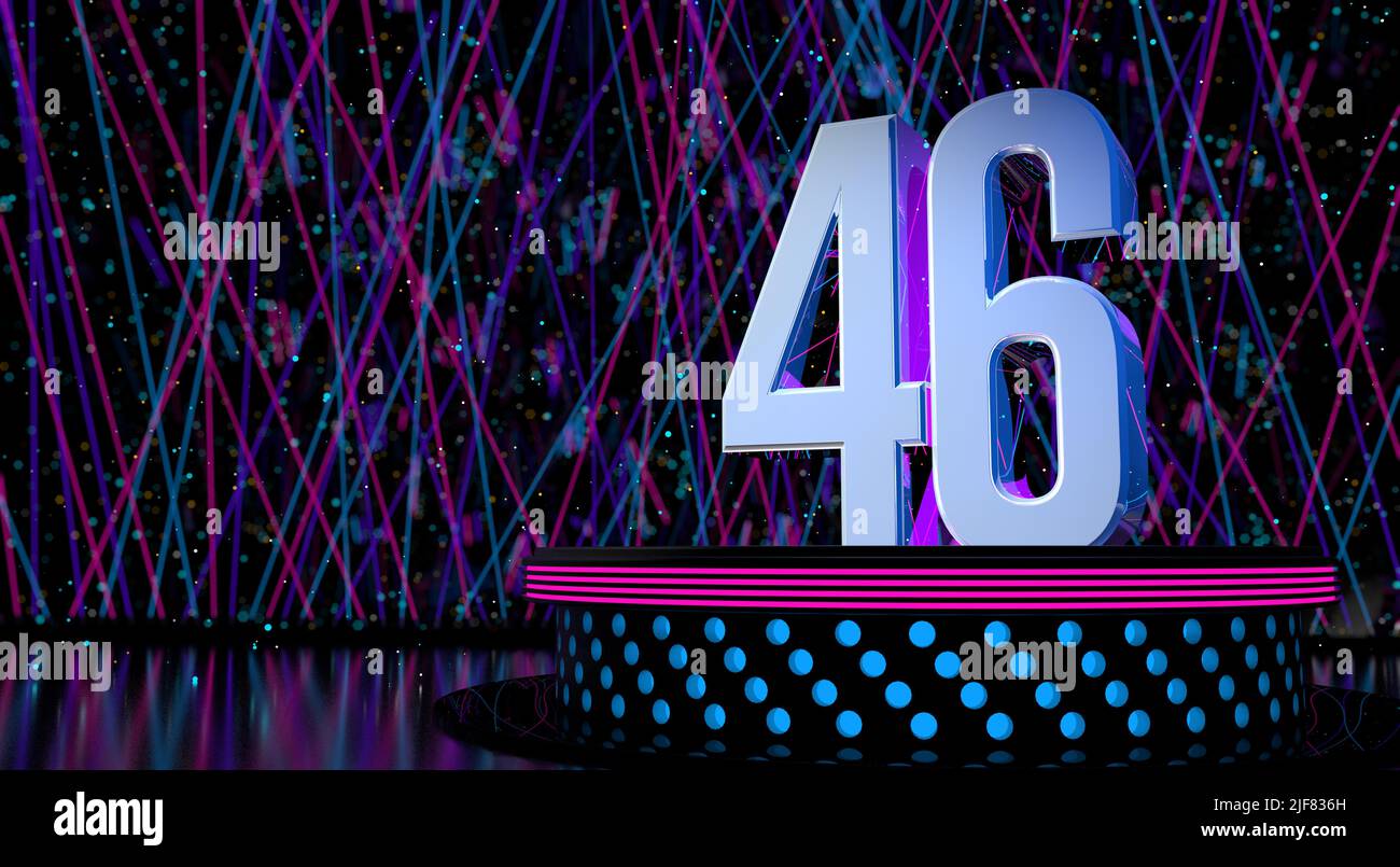 Solid number 46 reflective on a round stage with blue and magenta lights with a defocused background of laser lights and white sparks of celebration a Stock Photo