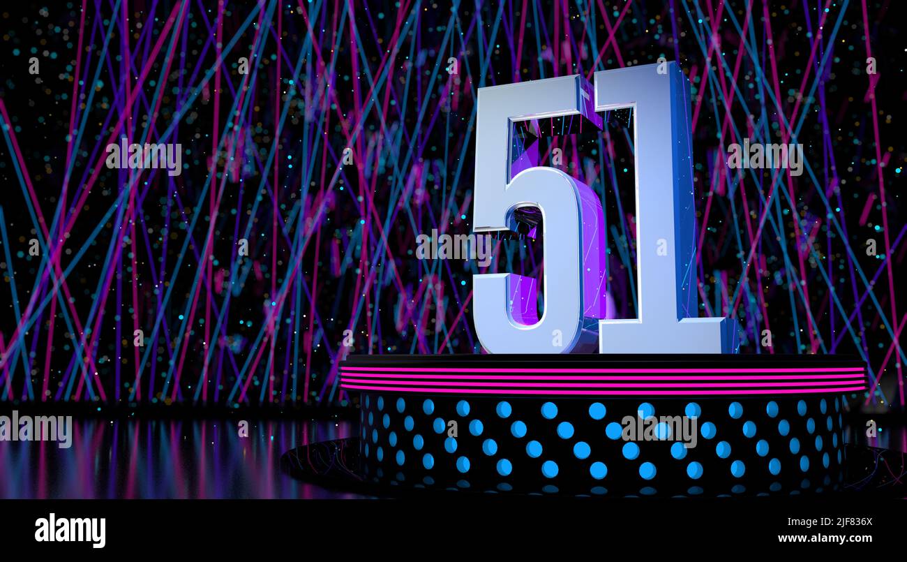 Solid number 51 reflective on a round stage with blue and magenta lights with a defocused background of laser lights and white sparks of celebration a Stock Photo