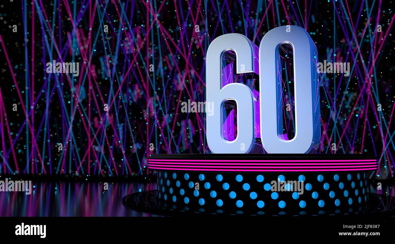 Solid number 60 reflective on a round stage with blue and magenta lights with a defocused background of laser lights and white sparks of celebration a Stock Photo