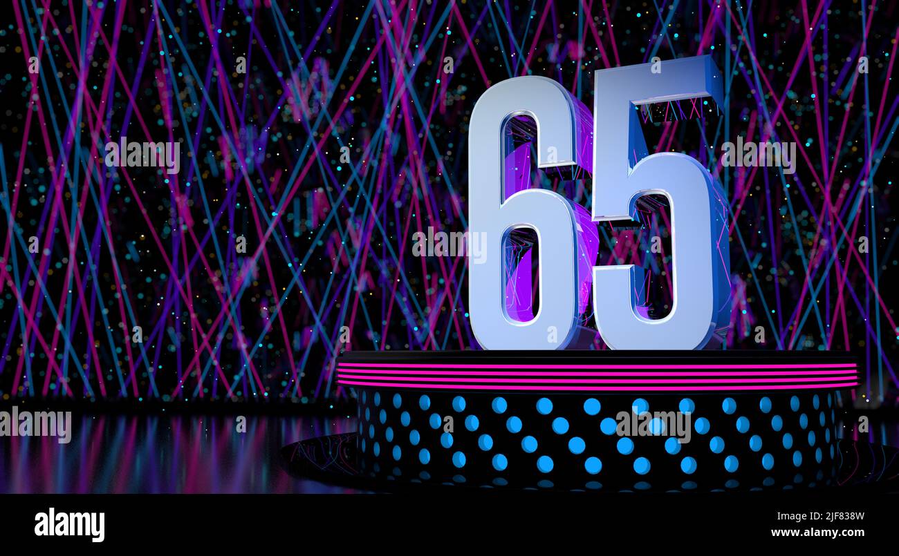 Solid number 65 reflective on a round stage with blue and magenta lights with a defocused background of laser lights and white sparks of celebration a Stock Photo