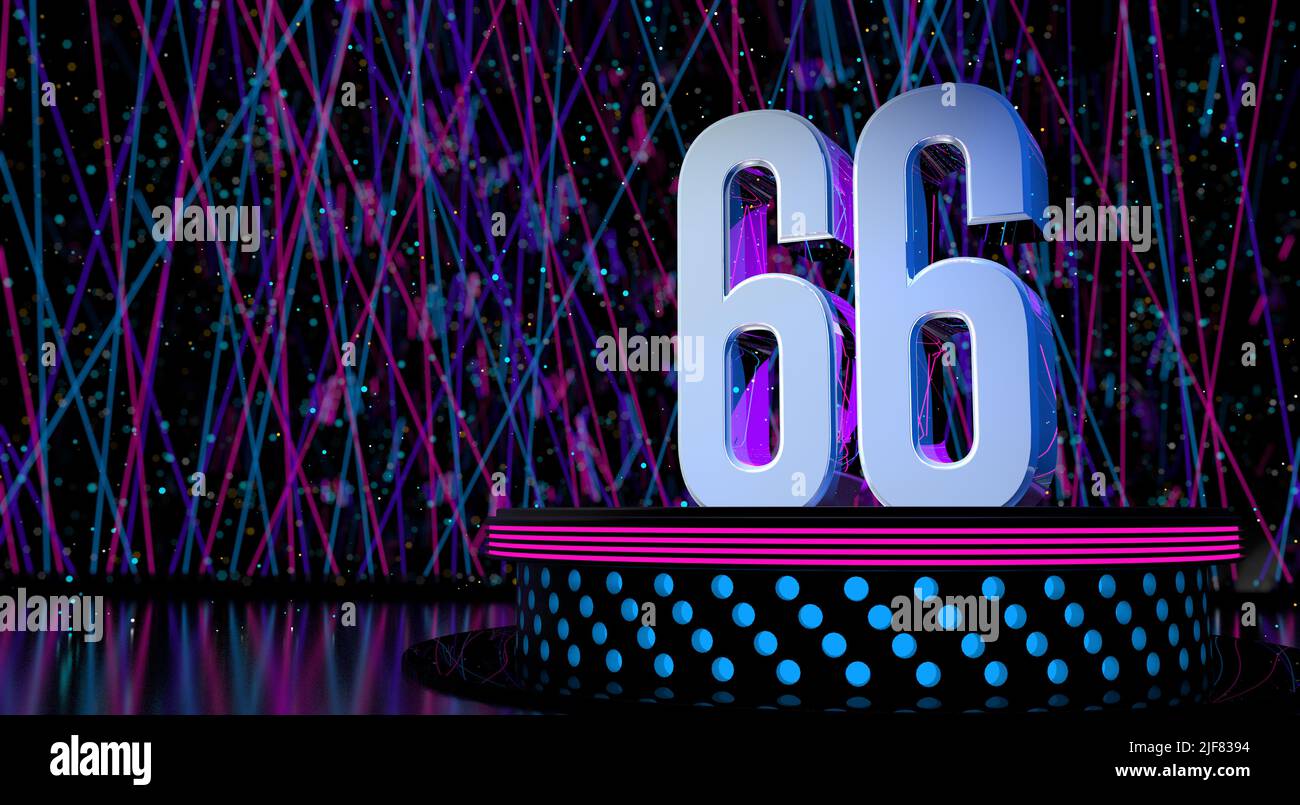 Solid number 66 reflective on a round stage with blue and magenta lights with a defocused background of laser lights and white sparks of celebration a Stock Photo