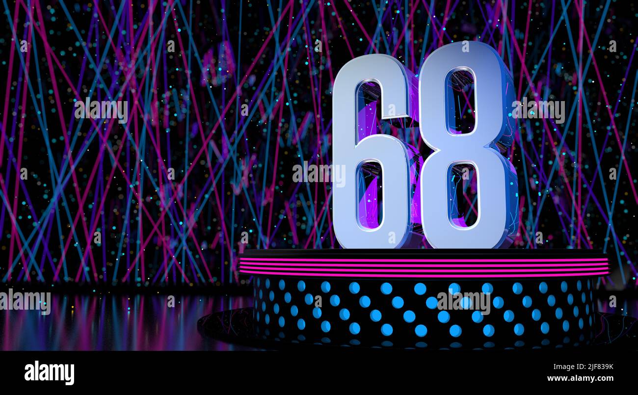 Solid number 68 reflective on a round stage with blue and magenta lights with a defocused background of laser lights and white sparks of celebration a Stock Photo