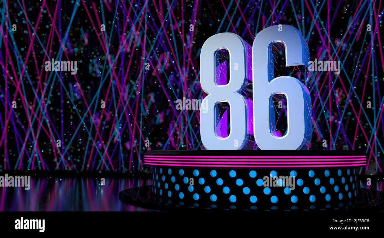 Solid number 86 reflective on a round stage with blue and magenta lights with a defocused background of laser lights and white sparks of celebration a Stock Photo