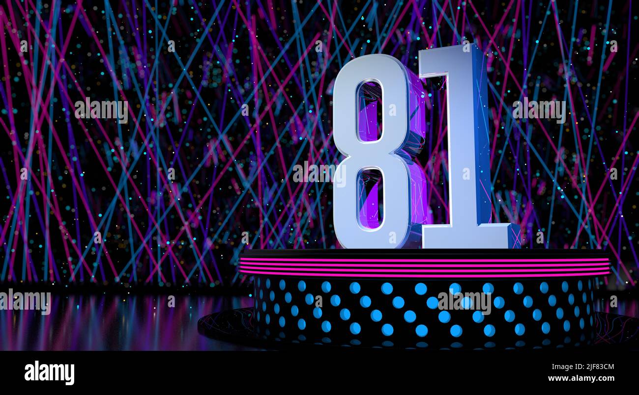 Solid number 81 reflective on a round stage with blue and magenta lights with a defocused background of laser lights and white sparks of celebration a Stock Photo