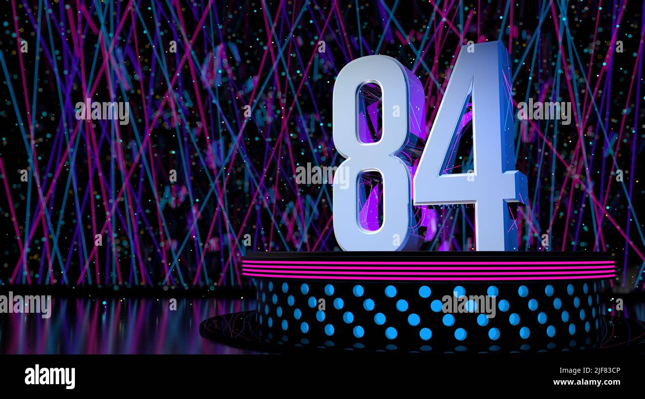 Solid number 84 reflective on a round stage with blue and magenta lights with a defocused background of laser lights and white sparks of celebration a Stock Photo