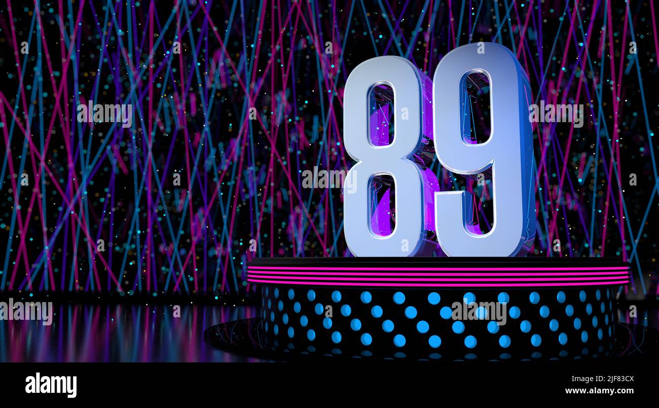 Solid number 89 reflective on a round stage with blue and magenta lights with a defocused background of laser lights and white sparks of celebration a Stock Photo