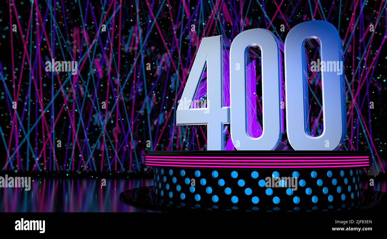 Solid number 400 reflective on a round stage with blue and magenta lights with a defocused background of laser lights and white sparks of celebration Stock Photo