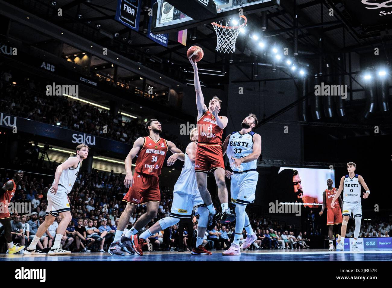 Tallinn, Estonia. 30th June, 2022. Basketball: World Cup Qualification, Estonia - Germany, Europe, 1st round, Group D, Matchday 5. Justus Hollatz from Germany in action. Credit: Hendrik Osula/dpa/Alamy Live News Stock Photo