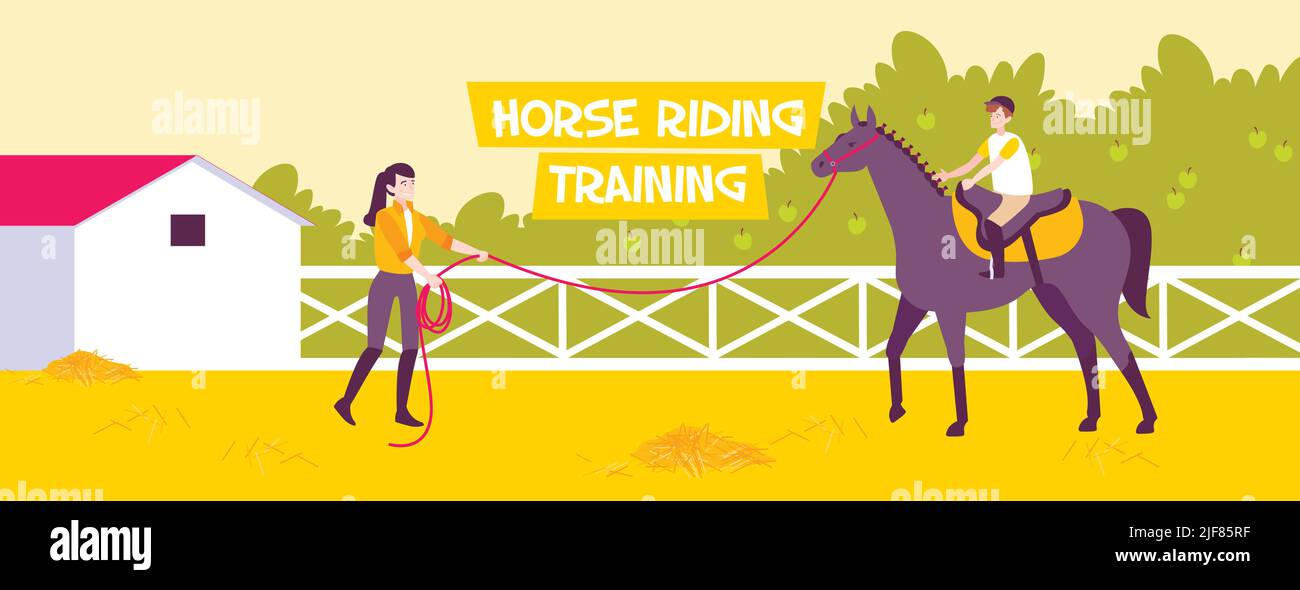 Horizontal and flat horse riding school banner with horse reading