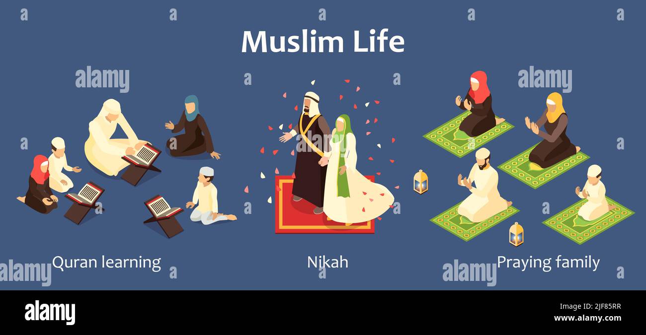 Isometric set with arab family characters learning quran praying and getting married 3d isolated vector illustration Stock Vector