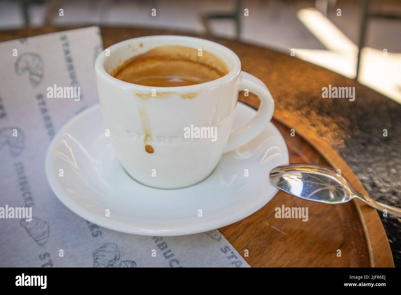 Madrid, Spain. June 1, 2022. A cup of aromatic freshly brewed coffee