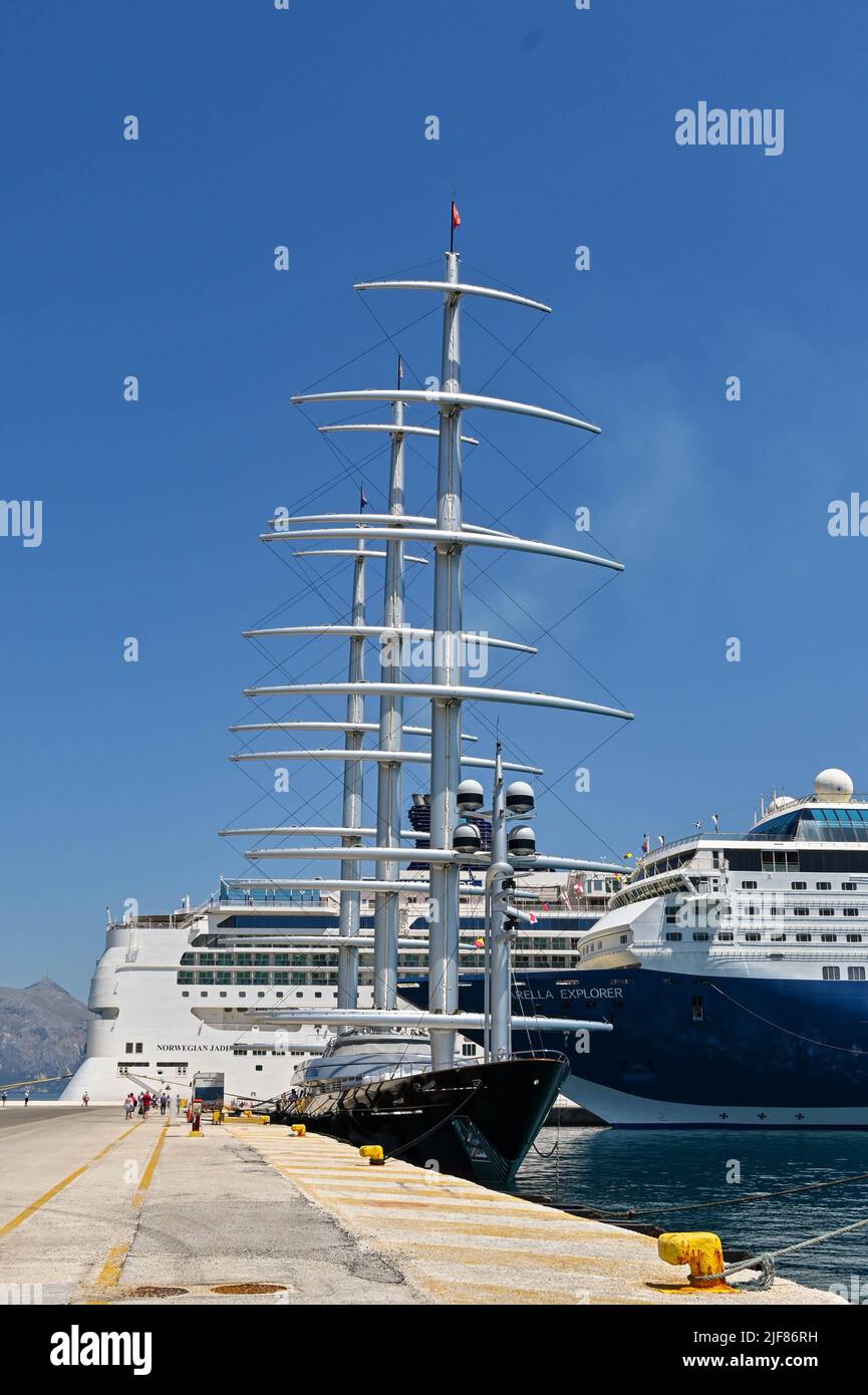 Corfu, Greece June 2022 Luxury super yacht Maltese Falcon moored in