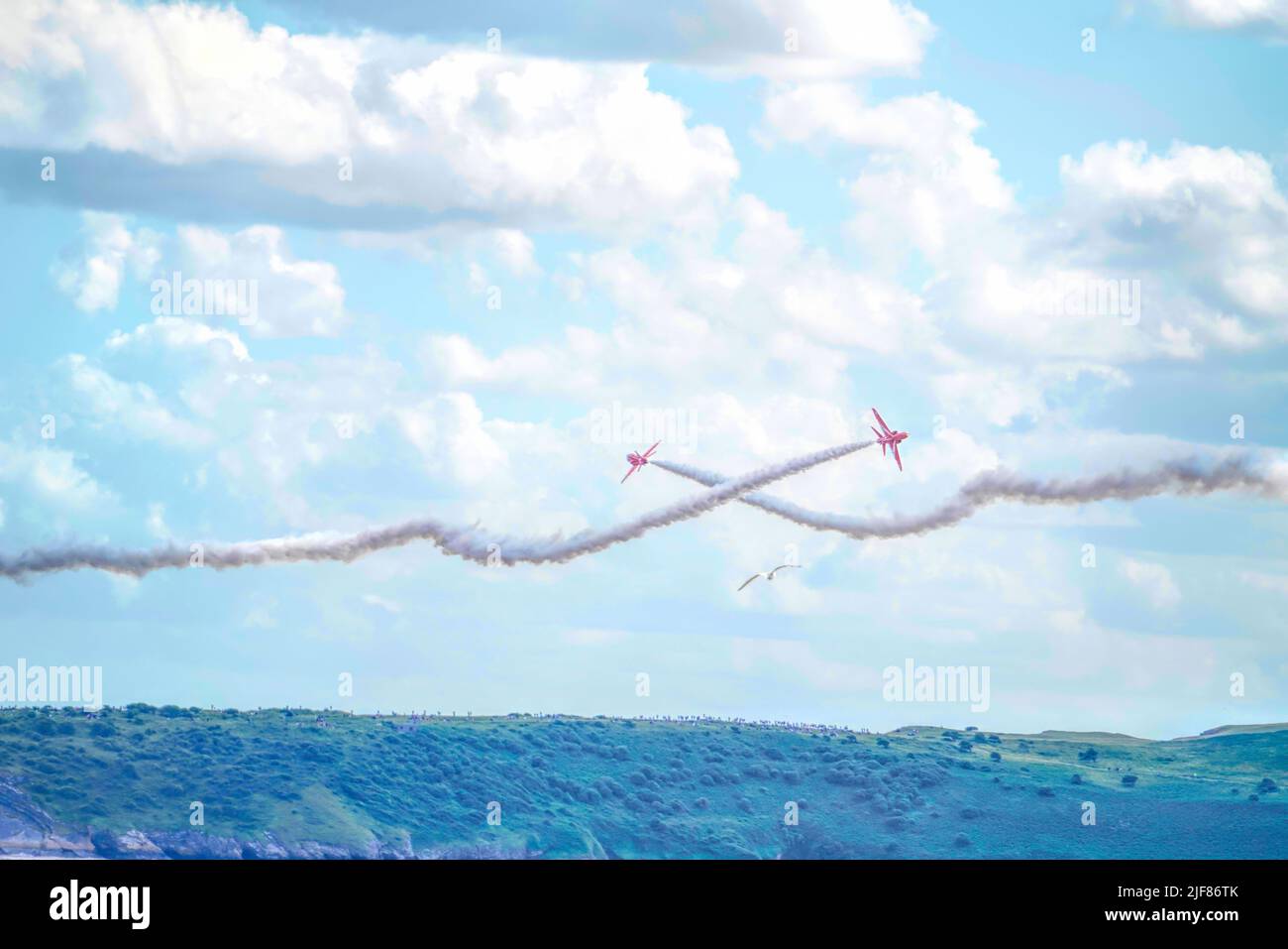 Red Arrows RAF aerobatic team and beautiful blue sky Stock Photo