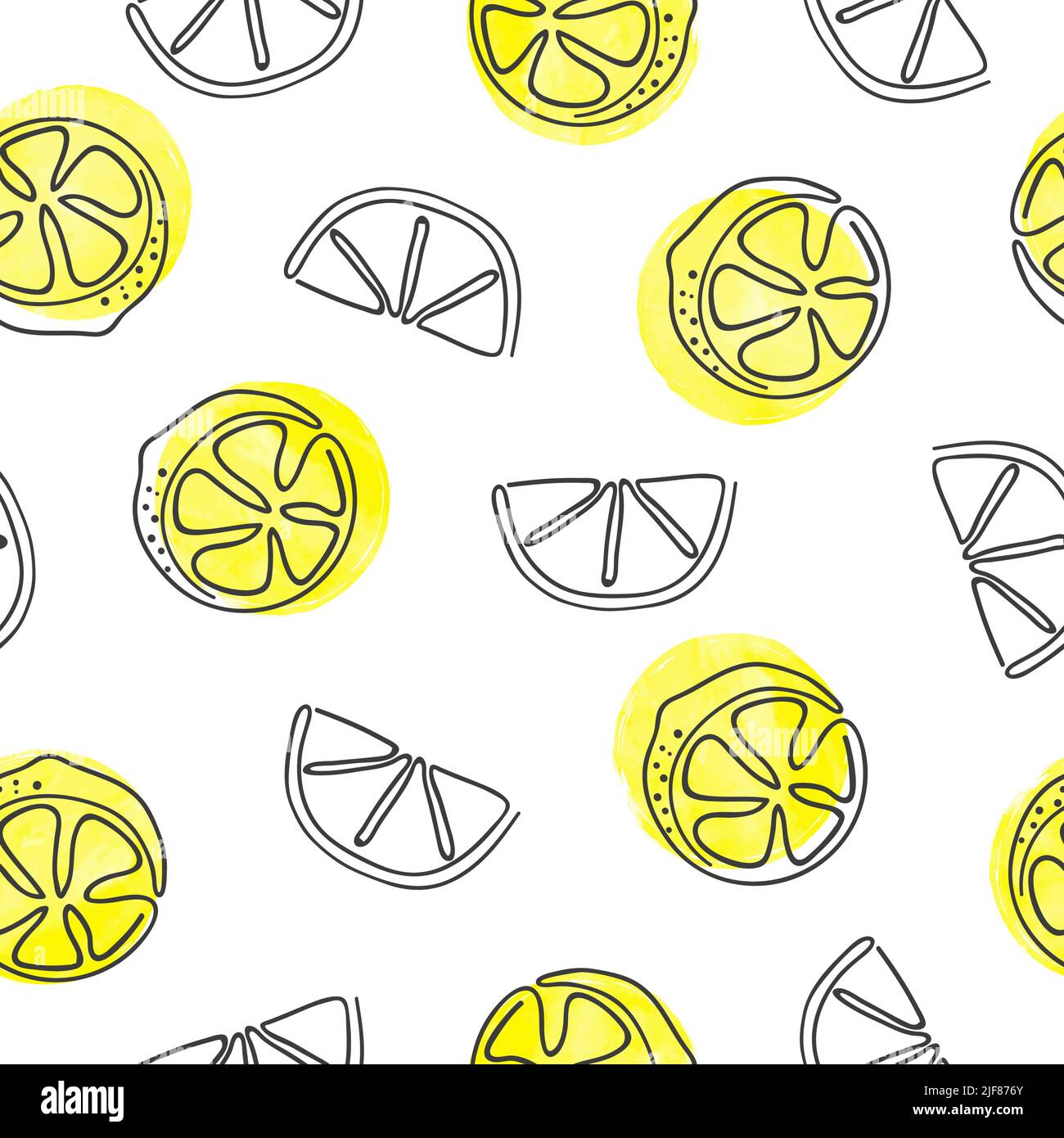 Hand drawn lemons pattern in trendy one line style. Vector seamless background with lemon slices Stock Vector