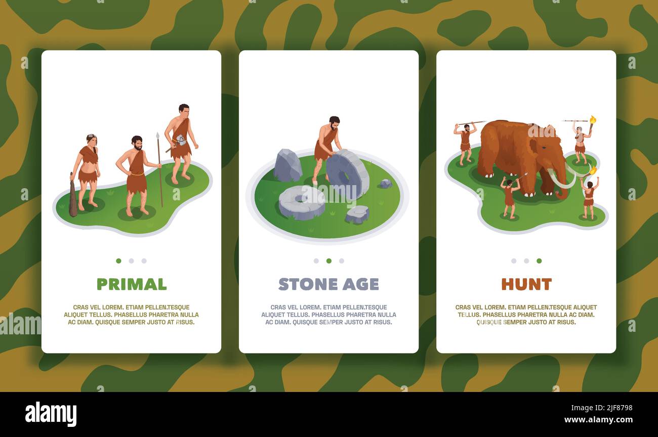 Caveman prehistoric primitive people set of three vertical banners with