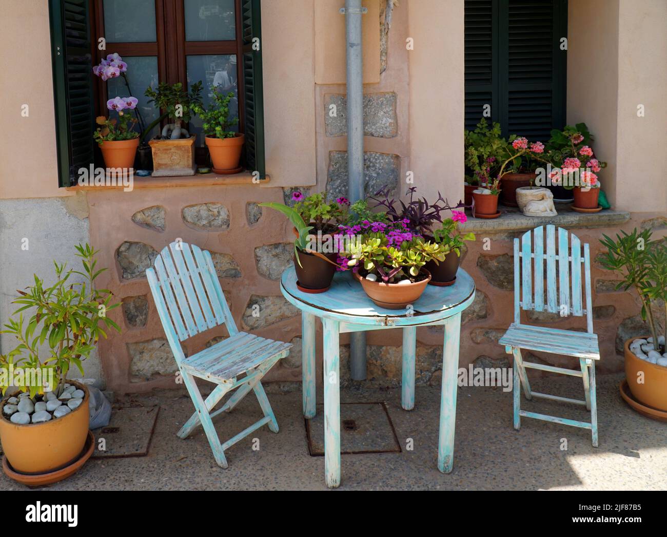 Plants in pots on window sills and old table chairs in informal display. Stock Photo