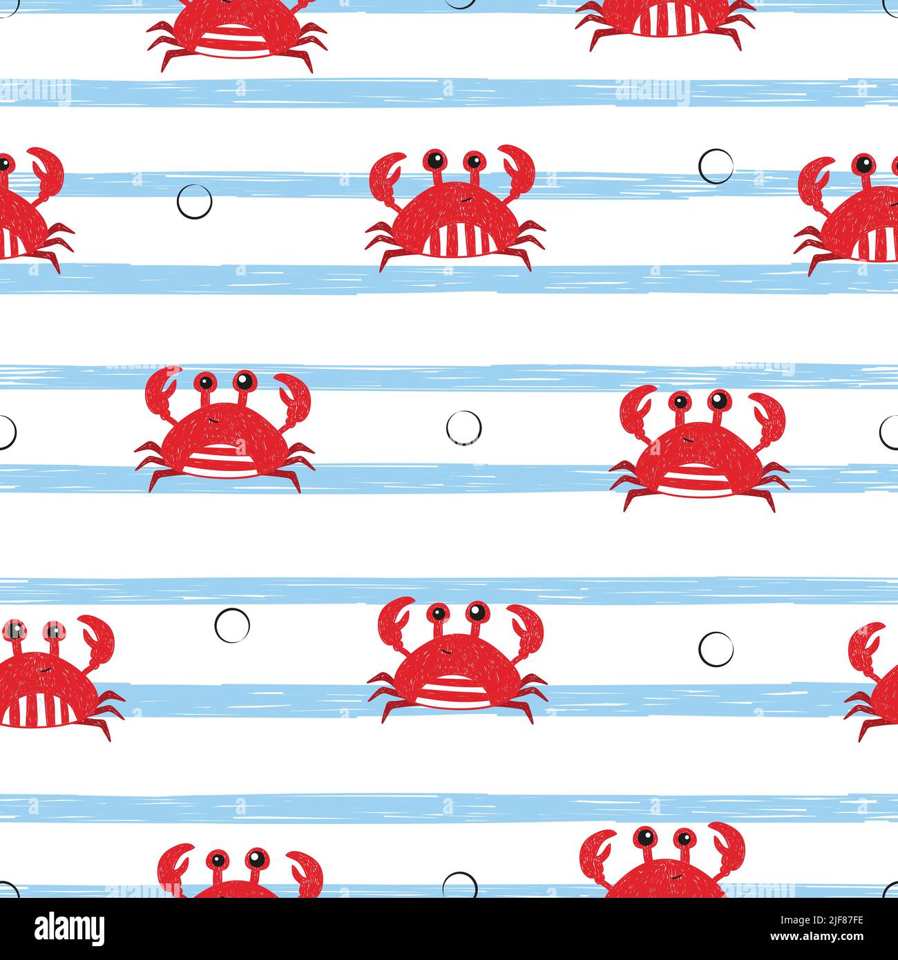 Striped seamless pattern with cute doodle crabs. Vector marine background. Stock Vector
