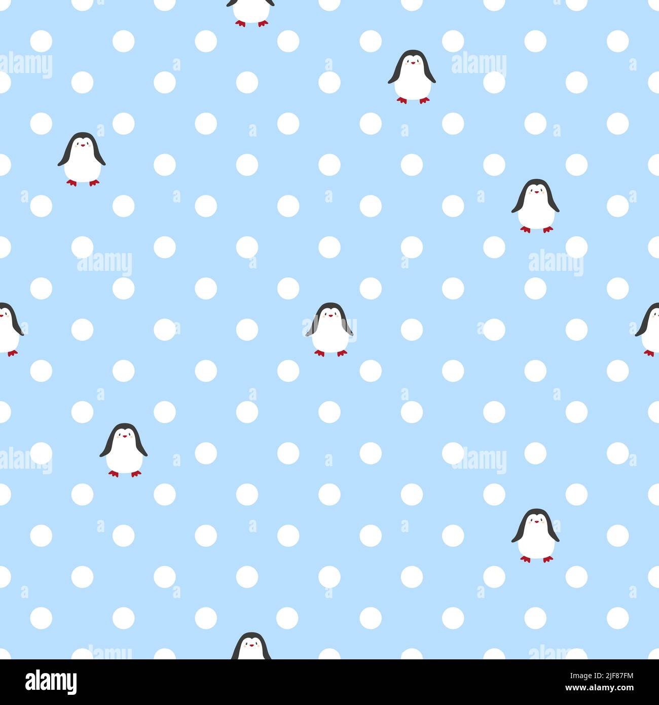 Seamless polka dot pattern with cute little penguins. Baby print. Stock Vector