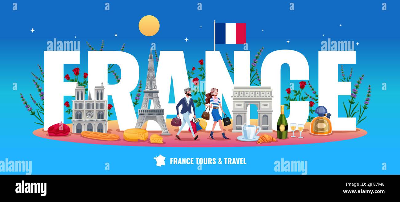 France tourism concept with tours and travel symbols flat vector ...