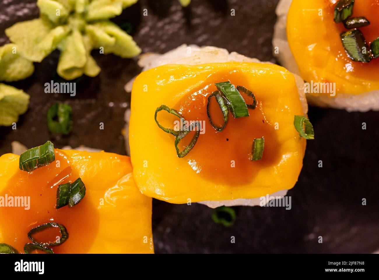 rice rolls with stuffing close-up serving , japanese cuisine. Stock Photo