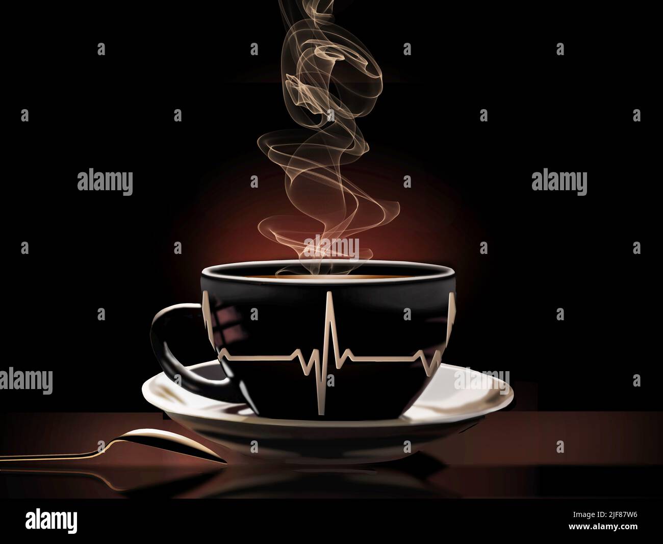 An EKG (ECG) strip, line tracing, showing heart activity decorates a coffee or tea cup. The steaming hot beverage is seen in a warm inviting scene. Il Stock Photo