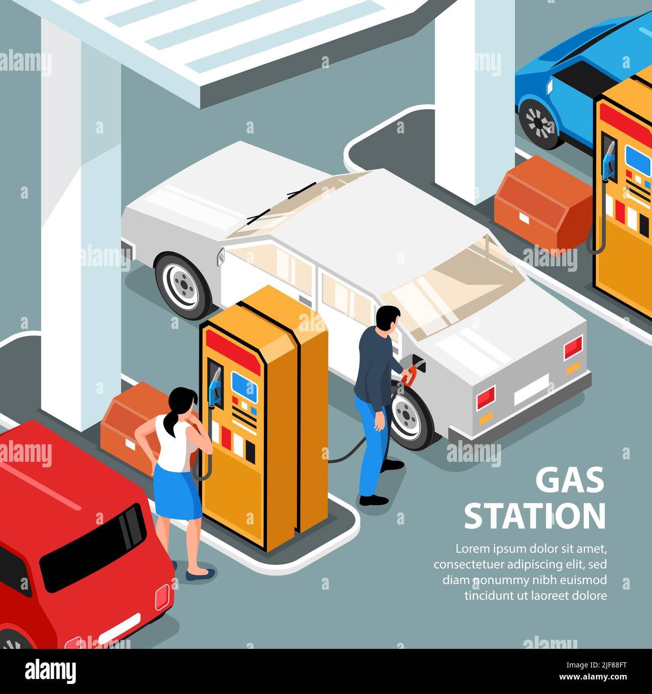 Confidence gas station isometric poster customers looking at gasoline pump and filling up fuel into car vector illustration Stock Vector