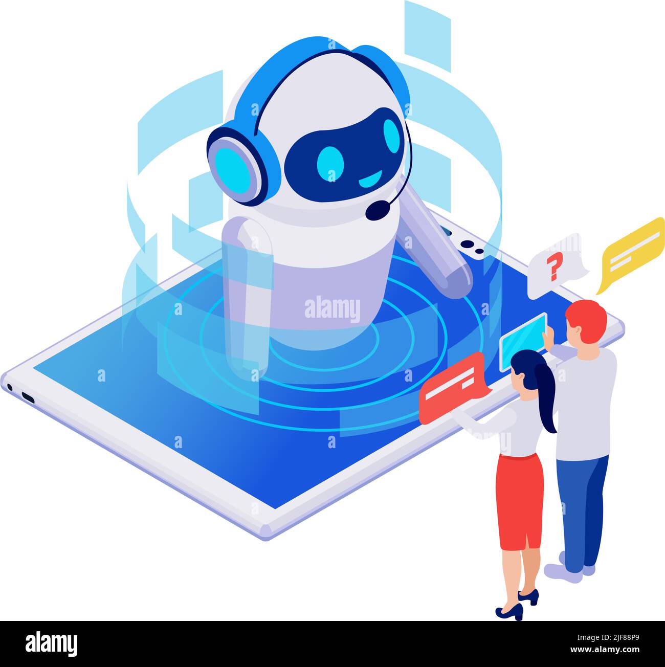 Isometric icon with smiling robotic chatbot on tablet talking to people ...