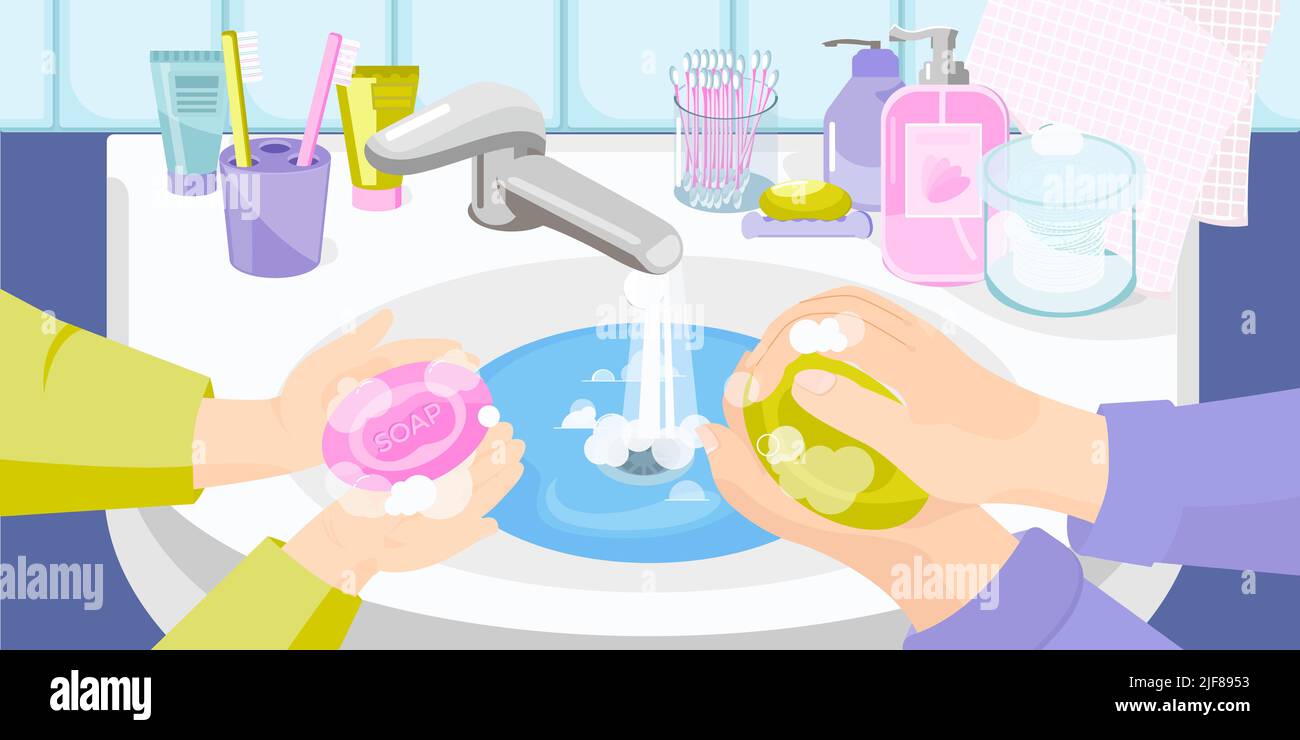 Hand washing flat composition with view of bathroom sink and human
